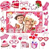 Valentine's Day Photo Booth Props - 1 Pcs Large Size Valentines Photo Props Frame and 23 Pcs Happy Lovers Selfie Photo Booth Props for Valentines Day Party Decorations Favors Supplies