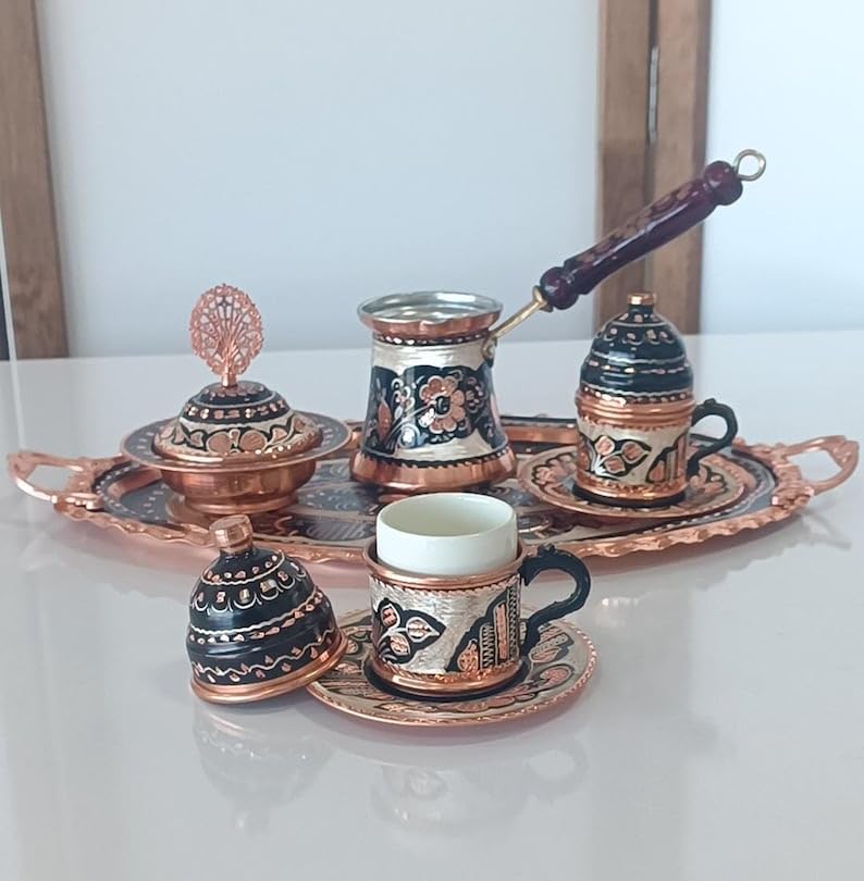 OHVVGN Turkish Coffee Set, Turkish Copper Coffee Pot, Turkish Coffee Cup Set, Copper Serving Tray