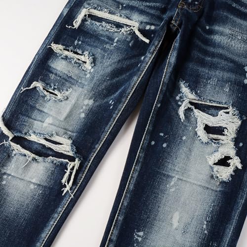Men Streetwear Holes Patchwork Stretch Denim Slim Tapered Jeans4