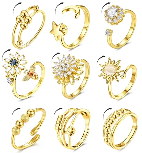 Kakonia 9 Stück Fidget Ring Mädchen Anxiety Ring Spinner Ringe Damen Fidget Rings Set Zirkonia Stressring Verstellbar Stapelbare Anti Stress Rings Für Damen Tochter Geburtstags-Party-Geschenkel-G