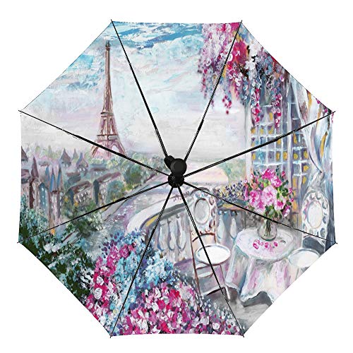 KWQDOZF Parapluie automatique de voyage Summer Cafe Paris Gentle Landscrape Compact Pliant Reverse Water Repellent Golf Rain Umbrellas Protection UV Parapluie léger