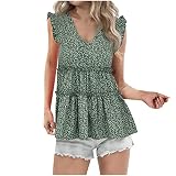 T-shirt d'été pour femme - Sans manches - Col en V - Motif floral - Style péplum, Vert citron militaire, M