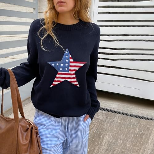 Image of Womens American Flag Sweater Long Sleeve Crew Neck Star Graphic Knit Pullover Tops Casual Loose USA Sweater