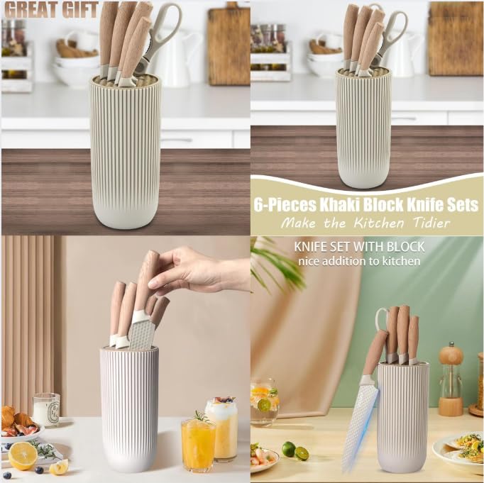 Image of Kitchen Knife Set with Stand 6 Pcs Chef Knife,Cleaver,Paring Knife & Manual 3 Stage Knives Sharpner Tool Scissors Stainless Steel Sharp Blades Wooden Finish Handle Knife Block for Home & Cooking