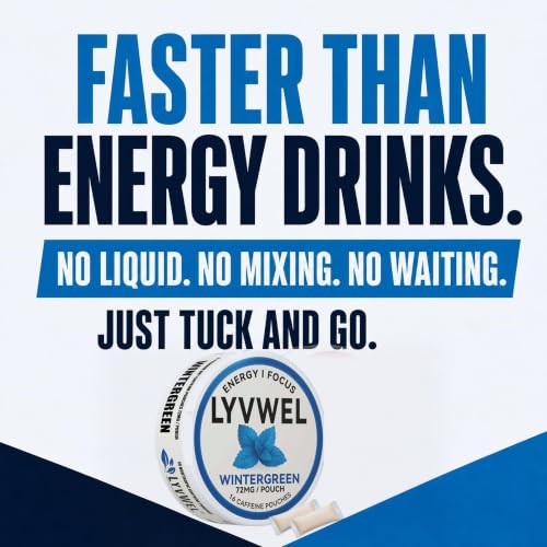 Image of LyvWel 72mg Caffeine Energy Pouches - Wintergreen - Crisp Mint Energy with Guarana - 5-Pack (80 Total Pouches)