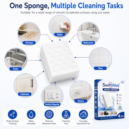 Image of Magic Cleaning Sponge Eraser | Melamine Foam Cleaning Pad for Kitchen Bathroom Wall Shoes Tiles Sink Steel Glass Multi Surface Cleaning | White Cleaning Block (Pack of 4)