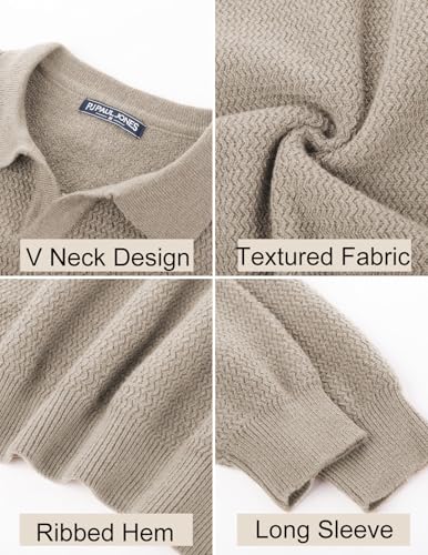 PJ PAUL JONES Mens Sweaters V Neck Pullover Sweater Casual Textured Polo Knitted Stretchy Sweater Beige
