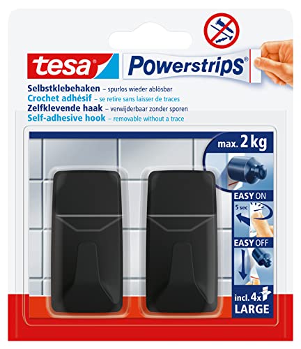 tesa Powerstrips Klebehaken Large Eckig - 2 x selbstklebende Wandhaken - für Kacheln, Glas, Kunststoff und weitere Untergründe - 2 kg Halteleistung - Schwarz