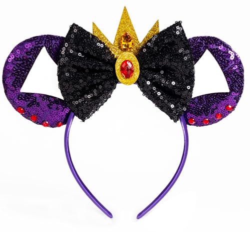 WW-WONDERFULWORLD Shiny Mouse Ears Headbands With Grey Bows & Crown & Sequin for Evil Queen Costume Cosplay Glitter Party Purple; 5XE