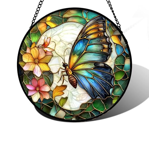 Stained Glass Window Hanging, Butterfly Flower Sun Catchers Diamond Glass Panel Hangings Insect Suncatcher Decor for Birthday for Women, Men, Wife, Aunt, and Mom 15x15 in
