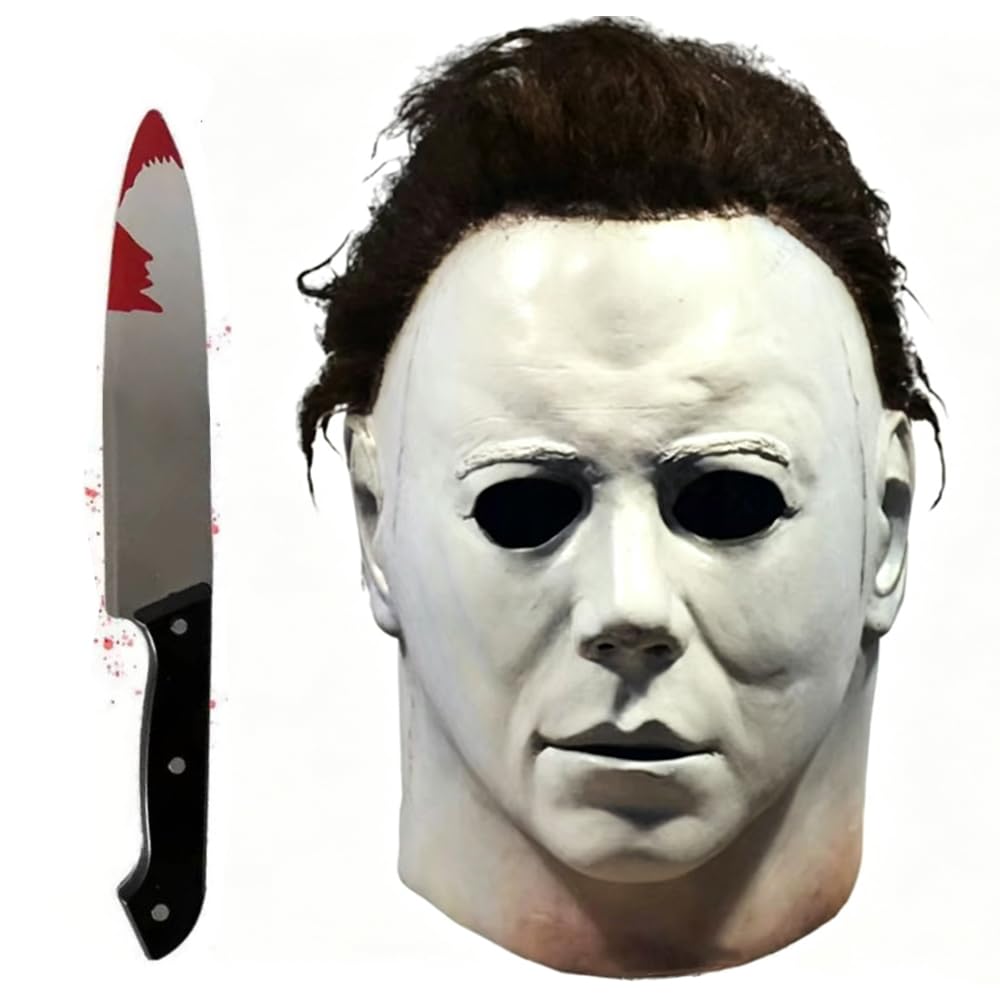 NKFBEV Michael Myers Masks, Halloween Horror Cosplay Costume Latex Props,Michael Myers Halloween Costume Mask with Hair & Toy Knives,Scary Horror Costume Mask for Adults Halloweens Cosplay (New Model) — image 1
