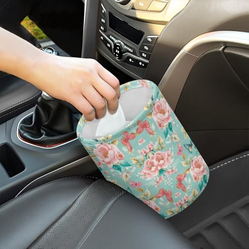 Image of Pink Roses Butterflies Car Trash Bin Folding Vehicle Garbage Small Mini Front Back Seat Rubbish Basket with Strap Travel Garbage Organizer Bag Accessories, Keep Tidy Pink