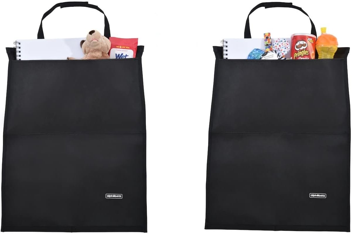 Alphabetz 2-Piece Kick Mats Car Seat Protectors with Storage Pocket and Baby-in-Car Sign, Black