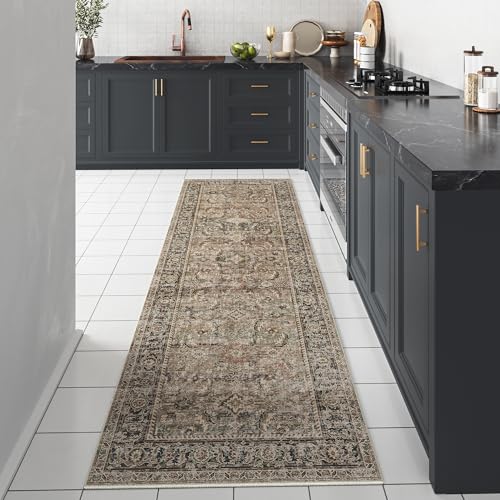 2x5 Washable Runner Rug Brown Vintage Distressed Hallway Kitchen Non Slip Low Pile Area Rug Living Room Bedroom Throw Rug Soft Indoor Carpet for Entrance Laundry Dining Room Bathroom