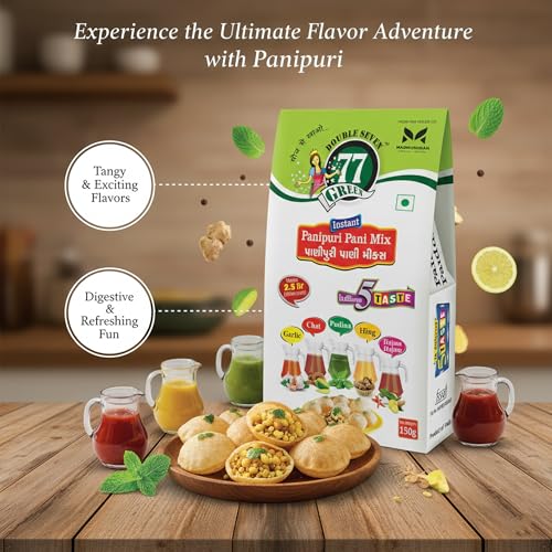 Image of 77 Green Pani Puri Masala 5 Flavours Pack - Hajma Hajam, Chat, Pudina, Hing & Garlic Spice Mixes | Instant Chaat Seasoning for Golgappa Water | No Added Colors or Preservatives | Indian Street Snack Pack of 4