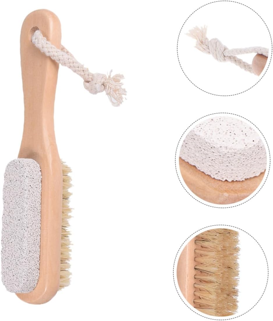 GALPADA 3pcs Double-Sided Foot Grinder with Pumice Stone and Bristles for Men and Women Hard Skin Remover and Exfoliating Foot Scrubber Brush with Ergonomic Wooden Handle for Callus