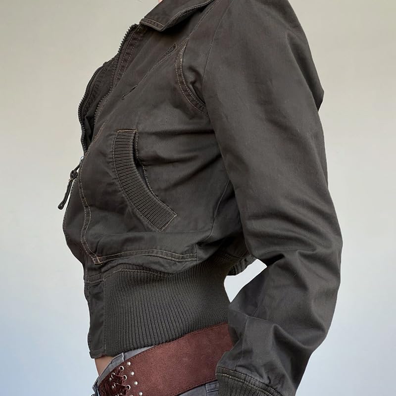 Women's casual crop top jacket zipper retro lightweight lapel jacket zipper waist cinching short jacket4