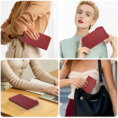 Image of Wallet for Women RFID Blocking Leather Wallet Large Size Bifold Multi Card Holder Wallet with 2 Zipper Pocket - Red