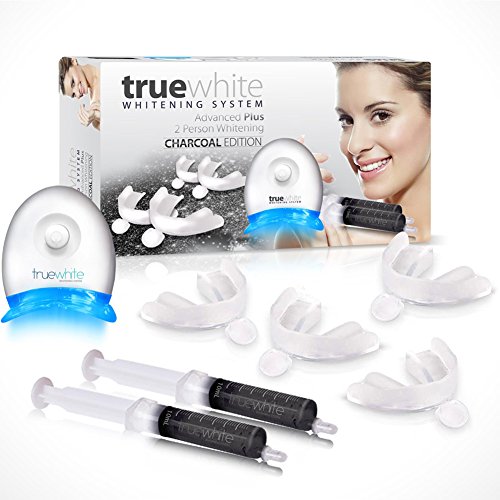 True-White Activated Charcoal Teeth Whitening Kit - Advanced Plus 2 Person Professional Teeth Whitening System, Best LED Light Dental Tooth Whitener with Gel Syringes, Trays, ENAMEL SAFE, Made in USA