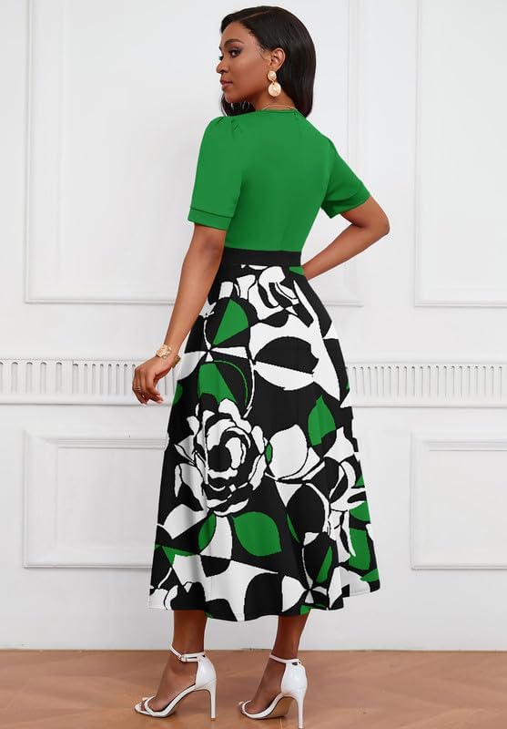 Image of MarryUP Women's Midi Dresses - V Neck Cocktail & Church Tea Dresses - Short Sleeve A-Line Swing Dress