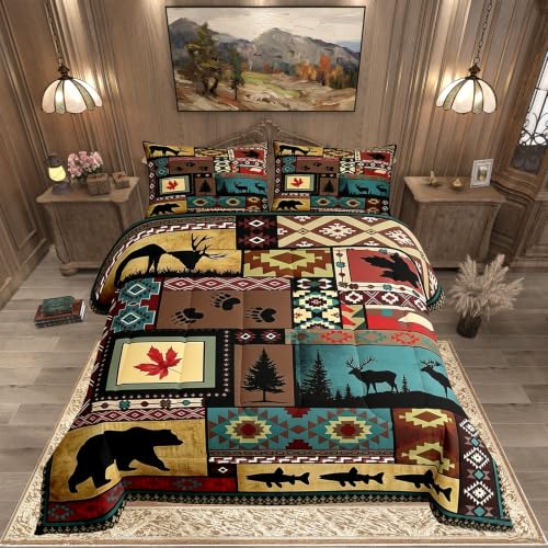 Rustic Cabin Bedding Comforter Sets Queen Size, Lodge Bear Bedding Sets, Southwestern Quilt Duvet Moose Deer Country Farmhouse Animal Wildlife Hunting Brown Patchwork Plaid Quilt, 2 Pillowcases