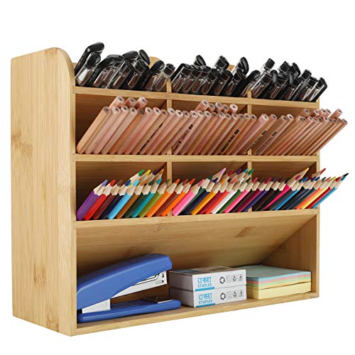 EasyPAG Bamboo Desk Organizer Large Capacity Pen Organizer Artist's Pencils Pens Storage Holder Racks