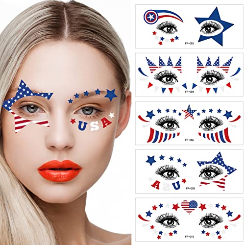 Fourth Of July Decorations Face Eye Tattoos Usa Flag Star Temporary Tattoos Patriotic Independence Day Temporary Tattoo Stickers Red White And Blue Party Supplies American Theme Party Favors 10 Sheets #TOP1