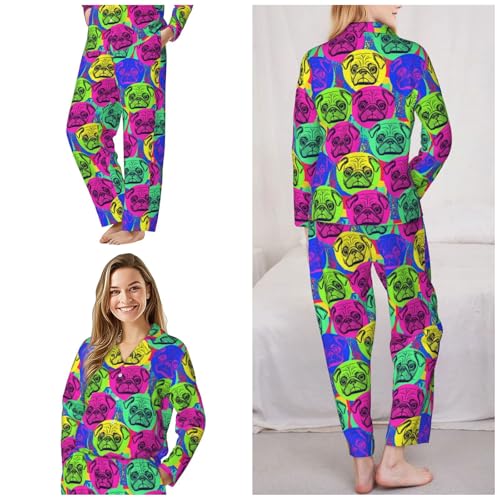 Image of Women'S Long Sleeve Pajama Set Soft Loungewear Button-Down Top & Elastic Waist Pants S- 2XL