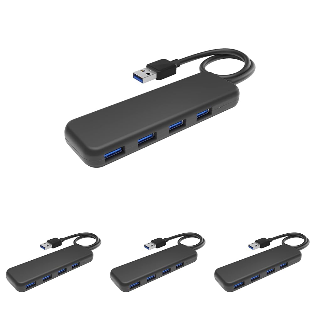 KabelDirekt – Hub USB 3.0 4 Ports (Forme compacte, raccordement Plug&Play sur PC et Mac, 4 Prises USB-A/1 fiche USB-A, pour Disposer de Ports USB supplémentaires, SuperSpeed/5 Gbit/s, Noir) (Lot de 4)