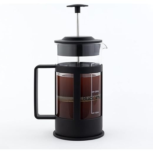 Budan French Press Coffee Brewer and Tea Maker 350ml with 4 Level Filtration System, Heat Resistant Borosilicate Glass with level marking, Clear Glass.