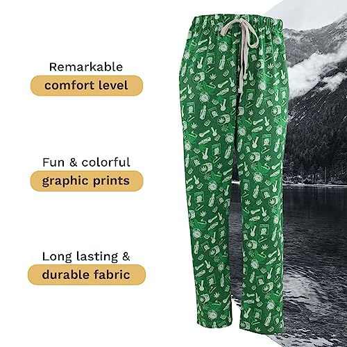 Wide Leg Men's Lounge Pants, Comfy Men's PJ Pants, Lightweight Jersey Fabric Pajama Pants with Fun Graphic Prints, Elastic Waistband, and Side Pockets (Smoke Print, Green, Medium)3