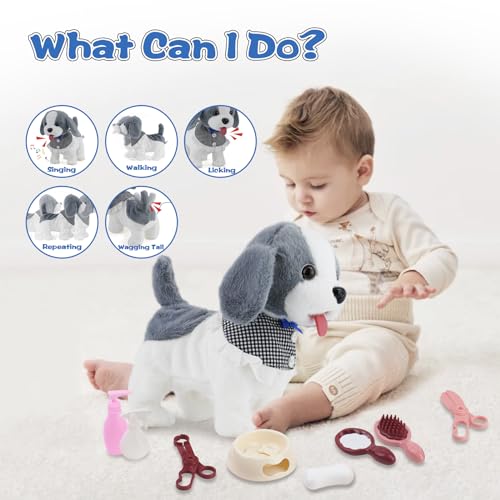 Arkyomi Hund Spielzeug Kinder,laufender Hund mit Leine der läuft und bellt,Haustiere roboterhund interaktives Spielzeug,Ferngesteuerter spielhund mit Schwanzwedeln und sprechender grau