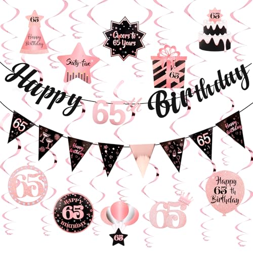 Image of 65th Birthday Decorations for Women Rose Gold Pink Pre Strung Happy 65th Birthday Banner and Hanging Swirls 65 Year Old Party Decorations Supplies