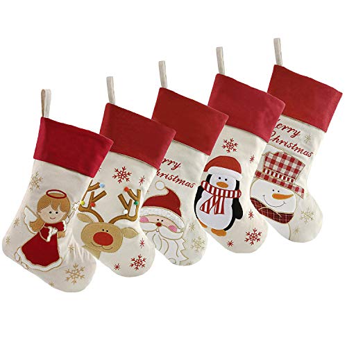DearSun Set of 5pcs, 18" Christmas Stockings with Lovely Christmas Angel Reindeer Santa Penguin Snowman Designs Linen Stockings for Holiday Family Decor (5pcs Christmas Character)