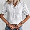 LAKEMON 2023 V Neck Plain Lace Elegant Shirt,Short Sleeve Shirt for Women Loose Top (White,Medium) #4