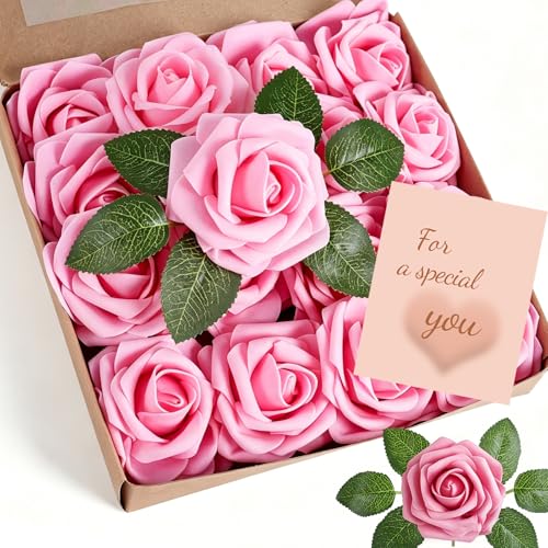 XIANNVXI 16 Stück Rosa Künstliche Rosen Rosa Blumen Deko Fake Rose Blumenstrauß Rosen Plastikrosen Romantisch Valentinstag Hochzeitsdeko Tisch Verlobung Brautstrauß Roses 6 Blätter 17 cm Stängel