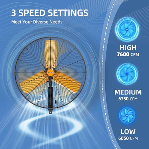 AIRWIZARD 24 inch Oscillating High Velocity Wall Mount Fan, 7600 CFM Industrial Heavy Duty Metal Wall Fan, 3 Speeds, Adjustable Height and Tilt, Commercial Shop Fans for Garage, Workshop