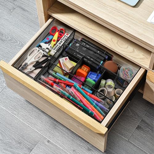 Image of Hiceeden 2 Pack Mesh Desk Drawer Organizer, 16.1 inchx12.2 inchx2 inch Large Desk Organizer Tray with 2 Removable Dividers, 6 Compartment Metal Organizers for Home, Office, Makeup & Vanity