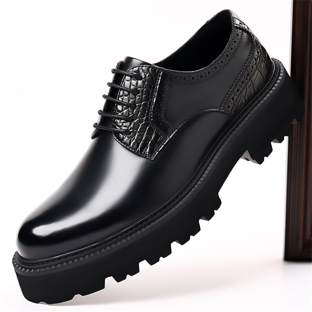 Mocasines de piel auténtica con plataforma Oxford para hombre, con punta de ala, gruesos, antideslizantes, para el trabajo, informales, para vestir, zapatos Derby, negro 1, 41 1/3 EU