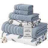 Modern Threads Organic Vines 6-Piece 100% Cotton Towel Set – Yarn Dyed Jacquard & Solid – Includes 2 Bath Towels, 2 Hand Towels, 2 Washcloths – Absorbent, Quick Dry, Soft & Durable – Blue