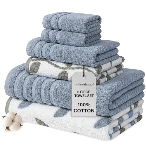 Modern Threads Organic Vines 6-Piece 100% Cotton Towel Set – Yarn Dyed Jacquard & Solid – Includes 2 Bath Towels, 2 Hand Towels, 2 Washcloths – Absorbent, Quick Dry, Soft & Durable – Blue