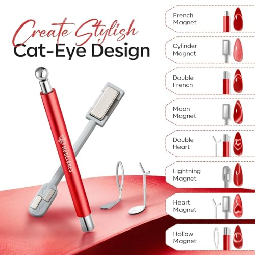Image of modelones Cat Eye Magnet Set, 5PCS 3-in-1 Dual-Head Nail Magnet Pen with Heart, Lightning & Ball Shapes for Cateye Gel Polish, Side Light Wide Light Glass Glow Effects, DIY Nail Art Tool