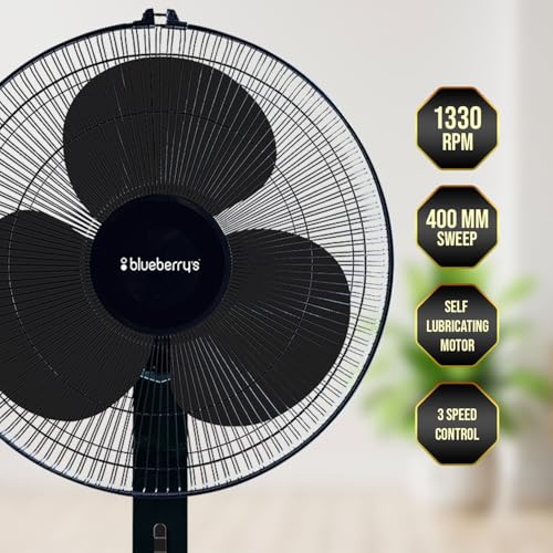 Image of Blueberry's High-Speed Oscillating Pedestal Fan, 3-Adjustable Fan Speeds, Rust Resistant Body, Adjustable Length, RPM 2200, 400-mm Sweep Length (Black)