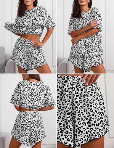 Image of Pajama Set for Women Short Sleeve Tops and Ruffle Shorts Leopard Print Sleepwear Soft Lounge Set 2 Piece Pj Sets