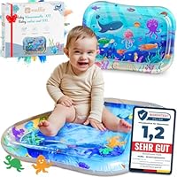 Mallie® Wassermatte Baby 66x50 CM [100% BPA & Schadstoff-Frei] ab 3, 6 und 9 Monate im Ozean Blau Design I Baby Spielzeug, Spielzeug Ab 6 Monate als Wassermatte Baby und Baby Spielzeug 6 Monate