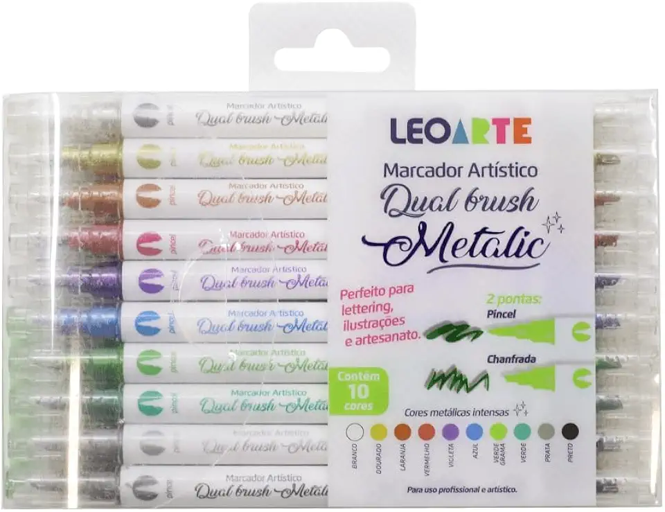 MARCADOR ARTISTICO DUAL BRUSH METALIC 10 CORES LEOARTE