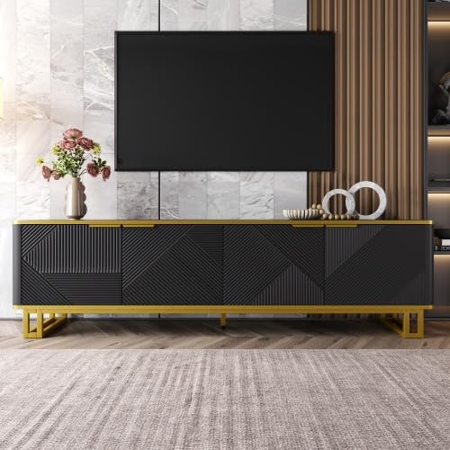 Merax Modern Black and Gold TV Unit 160cm – TV Stand Cabinet with 4 Doors, Geometric 3D Relief Design TV Cabinet, Low TV Table with Storage for Living Room