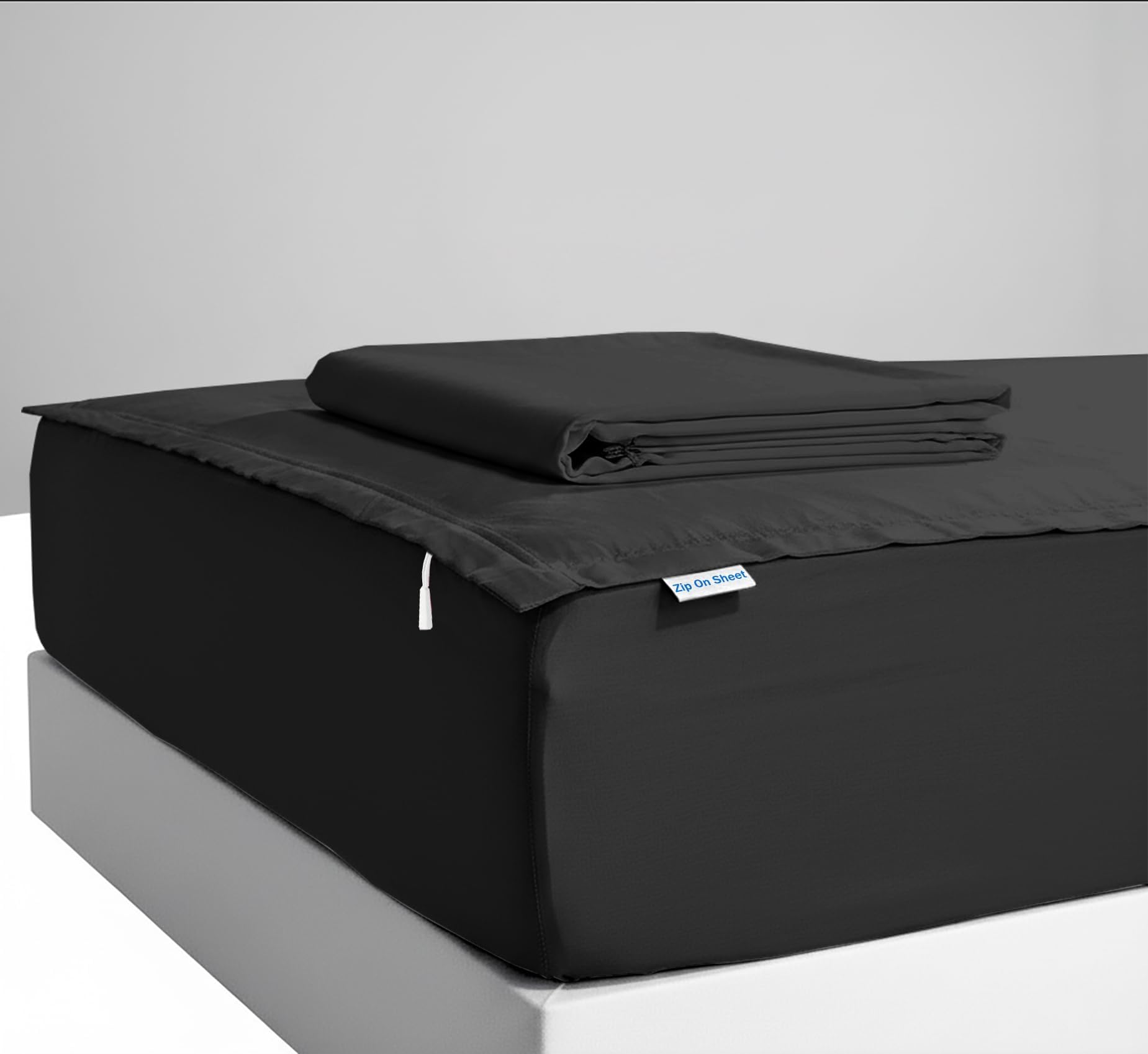 Zip On Sheets™ Zipper Fitted Sheet Queen Size - Upto 16” Inch Deep Pockets - Includes 1 Fitted Sheet Base & 2 Zip-On Sheets - Easy to Use, Sateen Cotton 500 TC Fitted Sheet - Black