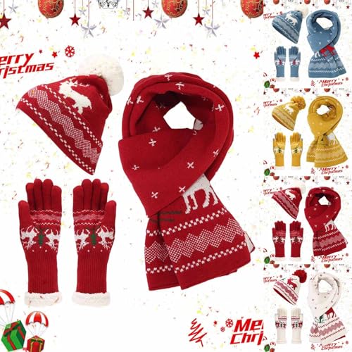 Set de gorro de punto con bufanda larga y guantes táctiles de renos para invierno 2