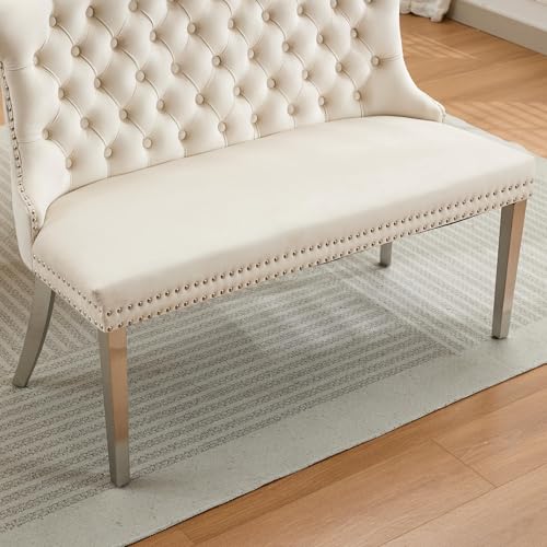Image of 45.6''Velvet Dining Bench, Button Tufted Upholstered Dining Table Bench with Wing Highback, Nailhead Decoration, Small Loveseat Sofa with Silver Stainless Steel Legs, Mid Century Modern Seating, Beige